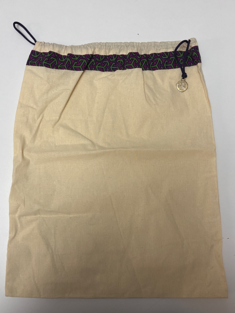 Tory Burch Cream Drawstring Dust Bag with Purple & Green Trim